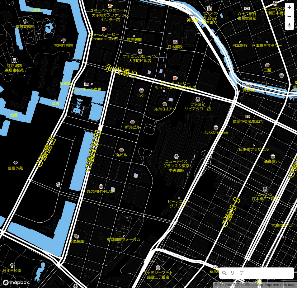 弱視者用配色可変オンライン地図の例。東京駅付近